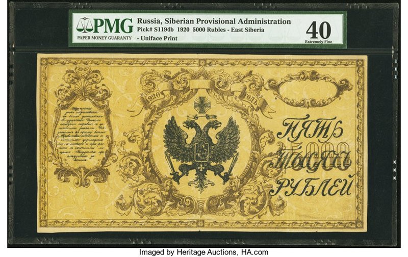 Russia Siberian Provisional Administration 5000 Rubles 1920 Pick S1194b PMG Extr...