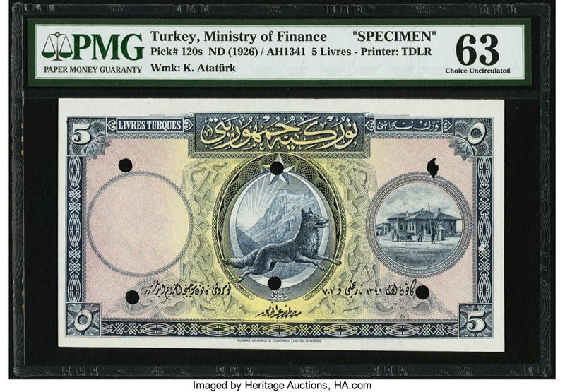 Turkey Ministry of Finance 5 Livres ND (1926) Pick 120s Specimen PMG Choice Unci...