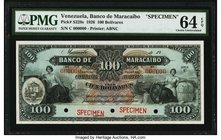 Venezuela Banco de Maracaibo 100 Bolivares 1926 Pick S228s Specimen PMG Choice Uncirculated 64 EPQ. A stunning Specimen from the 1926 issue featuring ...