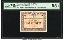 Andorra Consell General de les Valls D'Andorra 1 Pesseta 19.12.1936 Pick 6 PMG Gem Uncirculated 65 EPQ. All nine banknote issues from Andorra were rel...
