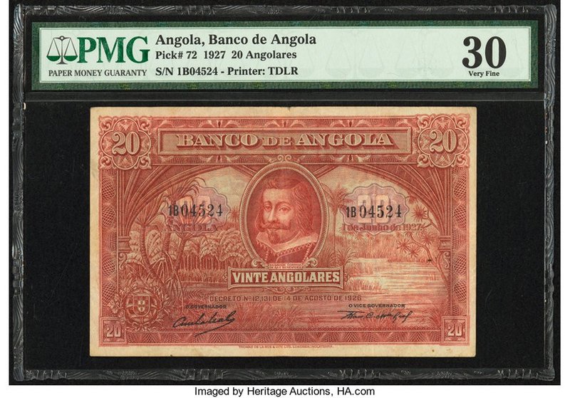 Angola Banco De Angola 20 Angolares 1.6.1927 Pick 72 PMG Very Fine 30. A pleasin...