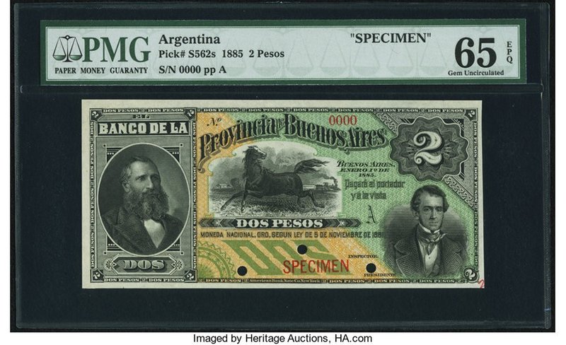 Argentina Provincia de Buenos Ayres 2 Pesos 1.1.1885 Pick S562s Specimen PMG Gem...