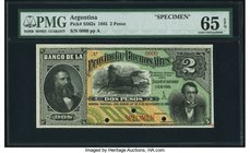 Argentina Provincia de Buenos Ayres 2 Pesos 1.1.1885 Pick S562s Specimen PMG Gem Uncirculated 65 EPQ. A pretty Specimen created by the American BankNo...