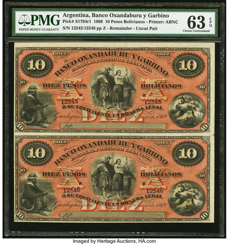 Argentina Banco Oxandaburu y Garbino 10 Pesos Bolivianos 1869 Pick S1784r1 Remai...