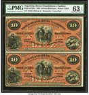 Argentina Banco Oxandaburu y Garbino 10 Pesos Bolivianos 1869 Pick S1784r1 Remainder Uncut Pair PMG Choice Uncirculated 63 EPQ. A lovely well preserve...