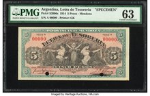 Argentina Letra de Tesoreria 5 Pesos 12.1914 Pick S2090s Specimen PMG Choice Uncirculated 63. A intricately designed green border frames a delightful ...