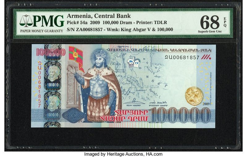 Armenia Central Bank 100,000 Dram 2009 Pick 54a PMG Superb Gem Unc 68 EPQ. This ...