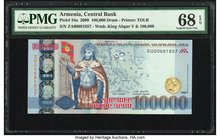 Armenia Central Bank 100,000 Dram 2009 Pick 54a PMG Superb Gem Unc 68 EPQ. This simply stunning high denomination banknote is chock full of beautiful ...