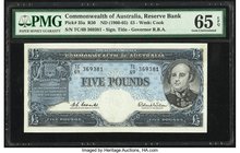 Australia Commonwealth of Australia Reserve Bank 5 Pounds ND (1960-65) Pick 35a R50 PMG Gem Uncirculated 65 EPQ. A handsome, underrated, and seldom se...