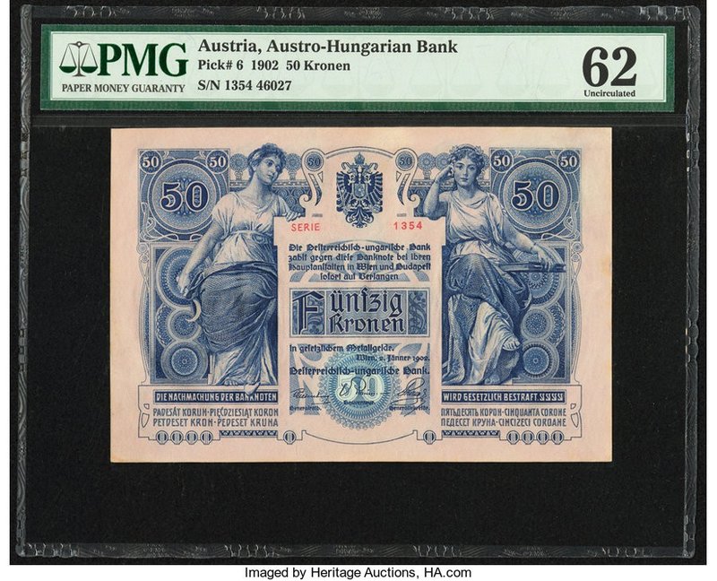 Austria Austro-Hungarian Bank 50 Kronen 2.1.1902 Pick 6 PMG Uncirculated 62. A p...