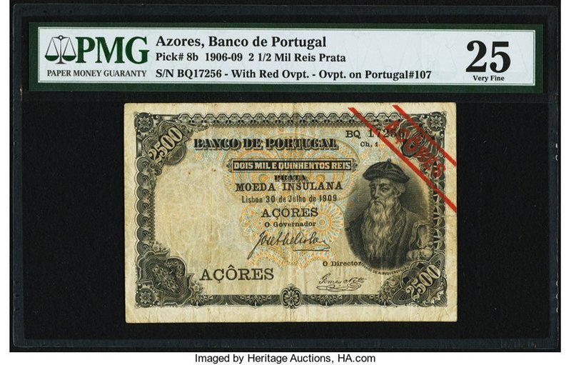 Azores Banco de Portugal 2 1/2 Mil Reis Prata 30.7.1909 Pick 8b PMG Very Fine 25...