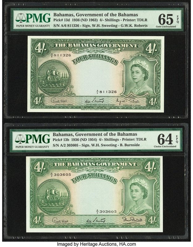 Bahamas Bahamas Government 4 Shillings 1936 (ND 1963); 1936 (1954) Pick 13d; 13b...