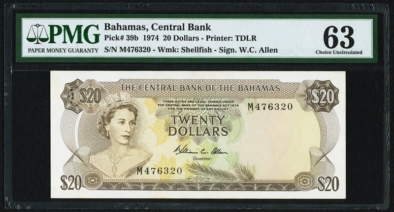 Bahamas Central Bank 20 Dollars 1974 Pick 39b PMG Choice Uncirculated 63. A beau...