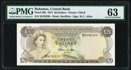 Bahamas Central Bank 20 Dollars 1974 Pick 39b PMG Choice Uncirculated 63. A beautiful, high denomination type that is seldom seen in any grade. Only a...