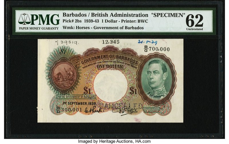 Barbados Government of Barbados 1 Dollar 1.1.1939 Pick 2bs Specimen PMG Uncircul...