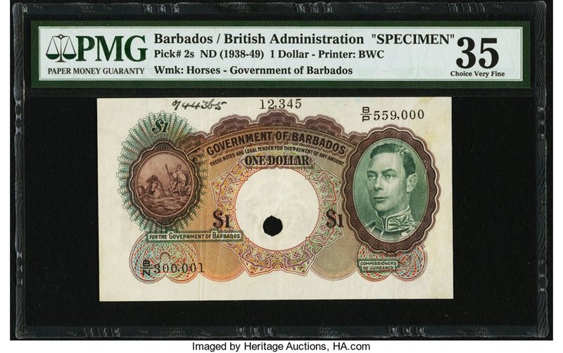 Barbados Government of Barbados 1 Dollar ND (1938-49) Pick 2s Specimen PMG Choic...