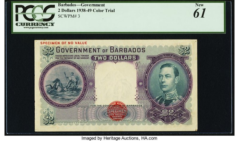 Barbados Government of Barbados 2 Dollars 1938-49 Pick 3s Color Trial Specimen P...
