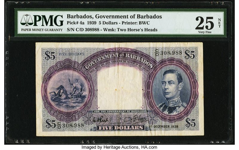 Barbados Government of Barbados 5 Dollars 1.12.1939 Pick 4a PMG Very Fine 25 NET...