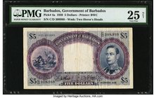 Barbados Government of Barbados 5 Dollars 1.12.1939 Pick 4a PMG Very Fine 25 NET. An elegantly designed example featuring a vignette of seahorses pull...