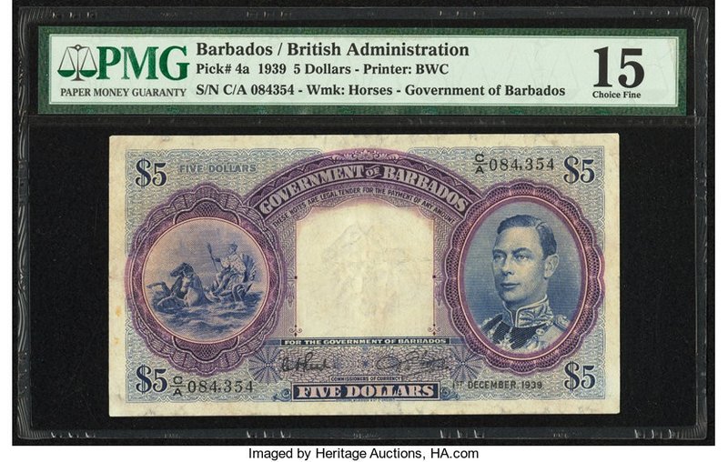 Barbados Government of Barbados 5 Dollars 1.12.1939 Pick 4a PMG Choice Fine 15. ...