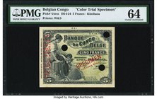 Belgian Congo Banque du Congo Belge 5 Francs 3.4.1924 Pick 4Acts Color Trial Specimen PMG Choice Uncirculated 64. This stunning, small sized issue was...