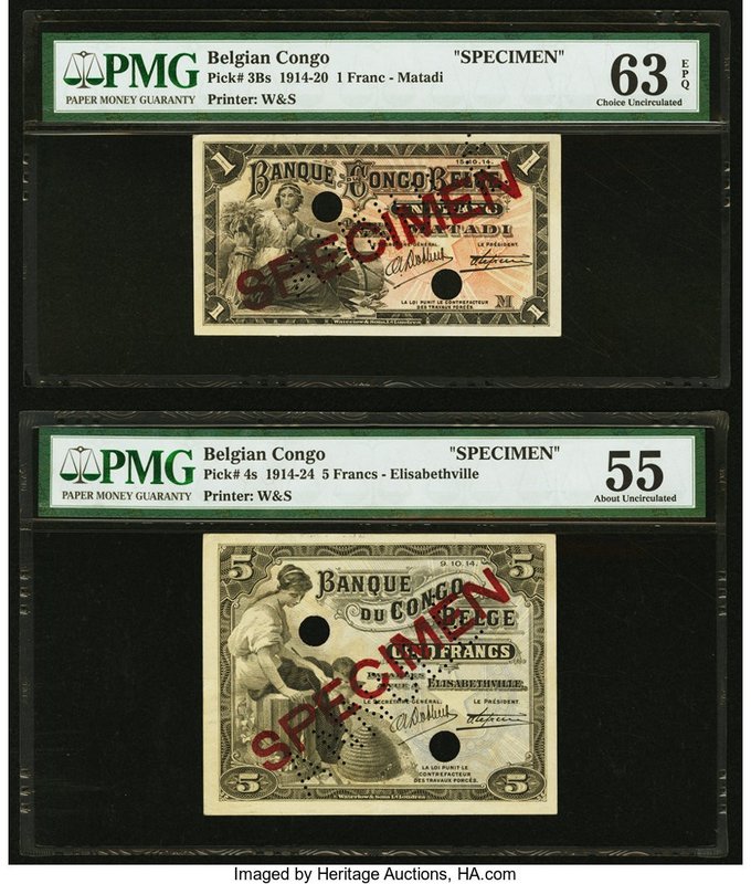 Belgian Congo Banque du Congo Belge 1; 5 Francs 15.10.1914; 9.10.1914 Picks 3Bs;...