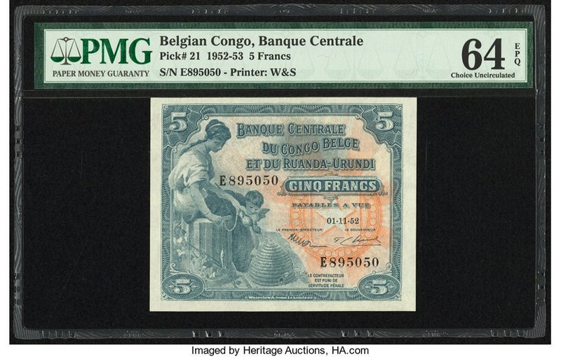Belgian Congo Banque Centrale du Congo Belge et du Ruanda-Urundi 5 Francs 1.11.1...