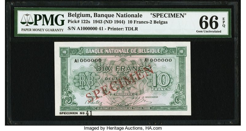 Belgium Nationale Bank Van Belgie 10 Francs-2 Belgas 1943 (ND 1944) Pick 122s Sp...