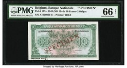 Belgium Nationale Bank Van Belgie 10 Francs-2 Belgas 1943 (ND 1944) Pick 122s Specimen PMG Gem Uncirculated 66 EPQ. A World War II emergency issue Spe...