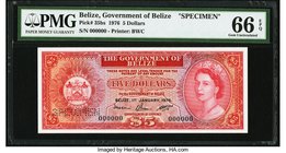 Belize Government of Belize 5 Dollars 1.1.1976 Pick 35bs Specimen PMG Gem Uncirculated 66 EPQ. This deeply inked, perforated cancelled specimen note i...