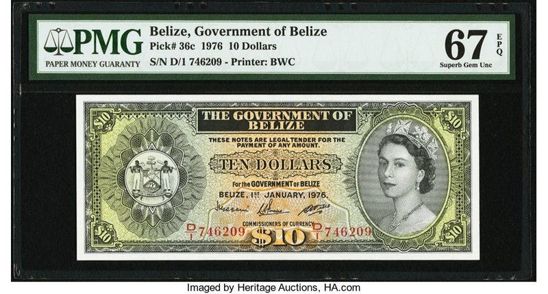 Belize Government of Belize 10 Dollars 1.1.1976 Pick 36c PMG Superb Gem Unc 67 E...