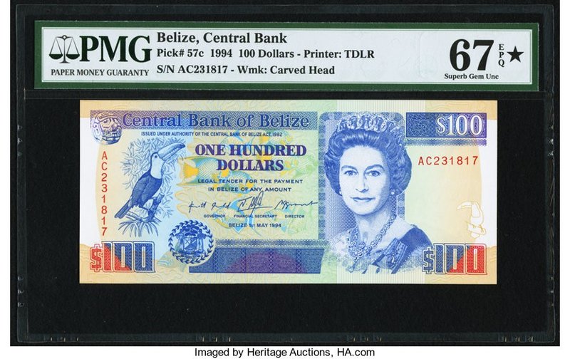 Belize Central Bank 100 Dollars 1.5.1994 Pick 57c PMG Superb Gem Unc 67 EPQ S. A...