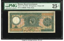 Bhutan Royal Government 100 Ngultrum ND (1978) Pick 4 PMG Very Fine 25 Net. A scarce highest denomination from the first issue for this small mountain...