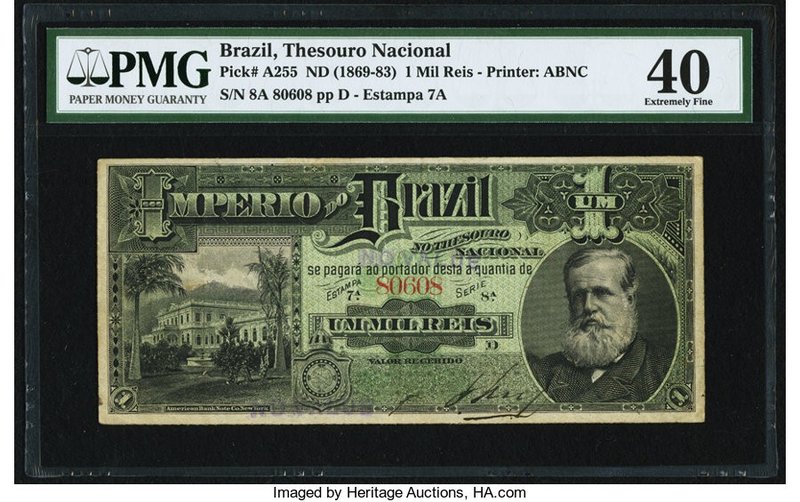 Brazil Thesouro Nacional 1 Mil Reis ND (1869-83) Pick A255 PMG Extremely Fine 40...