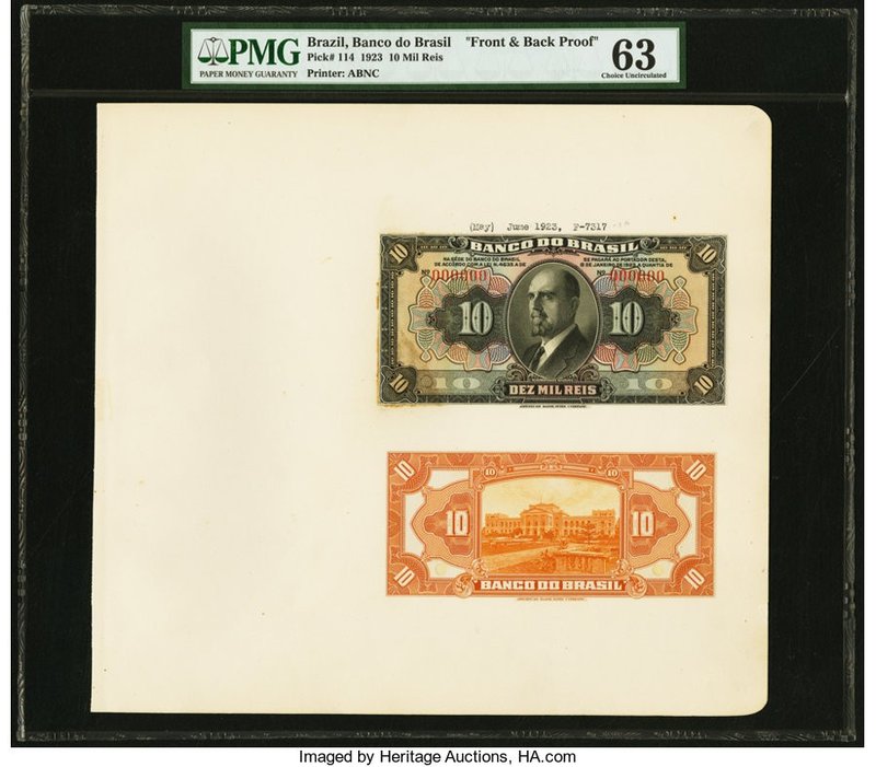 Brazil Banco do Brasil 10 Mil Reis 1923 Pick 114p; 115p Two Front and Back Proof...