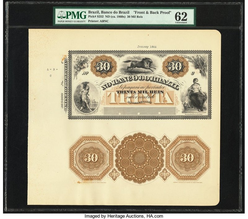 Brazil Banco Do Brazil 30 Mil Reis ND (ca. 1860) Pick S252 Front and Back Proofs...