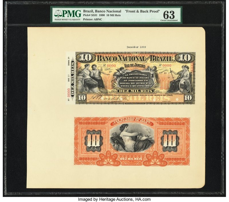 Brazil Banco Do Brazil 10 Mil Reis ND (1890) Pick S531 Front and Back Proofs PMG...