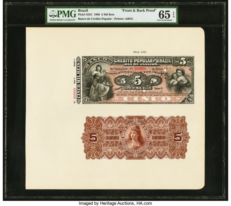 Brazil Banco de Credito Popular 5; 10 Mil Reis 1890 Pick S551; S551A Two Front A...