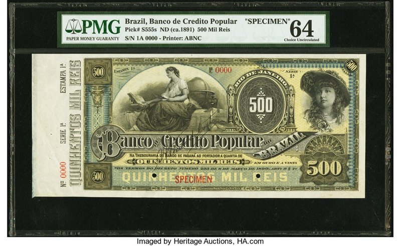 Brazil Banco de Credito Popular 500 Mil Reis 1890 Pick S555s Specimen PMG Choice...