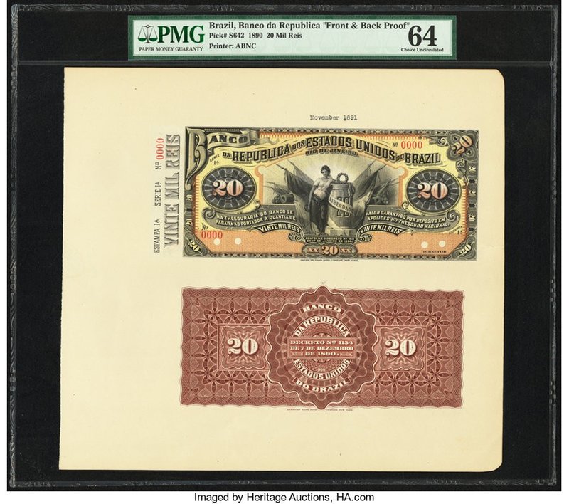 Brazil Banco da Republica dos Estados Unidos 20 Mil Reis 1890 Pick S642 Front an...