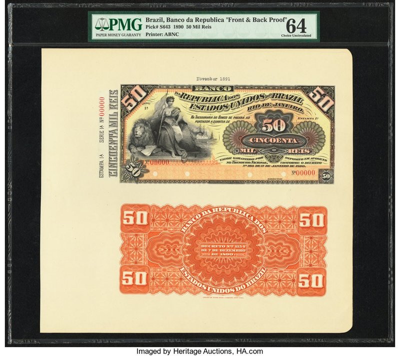 Brazil Banco da Republica dos Estados Unidos 50 Mil Reis 1890 Pick S643 Front an...