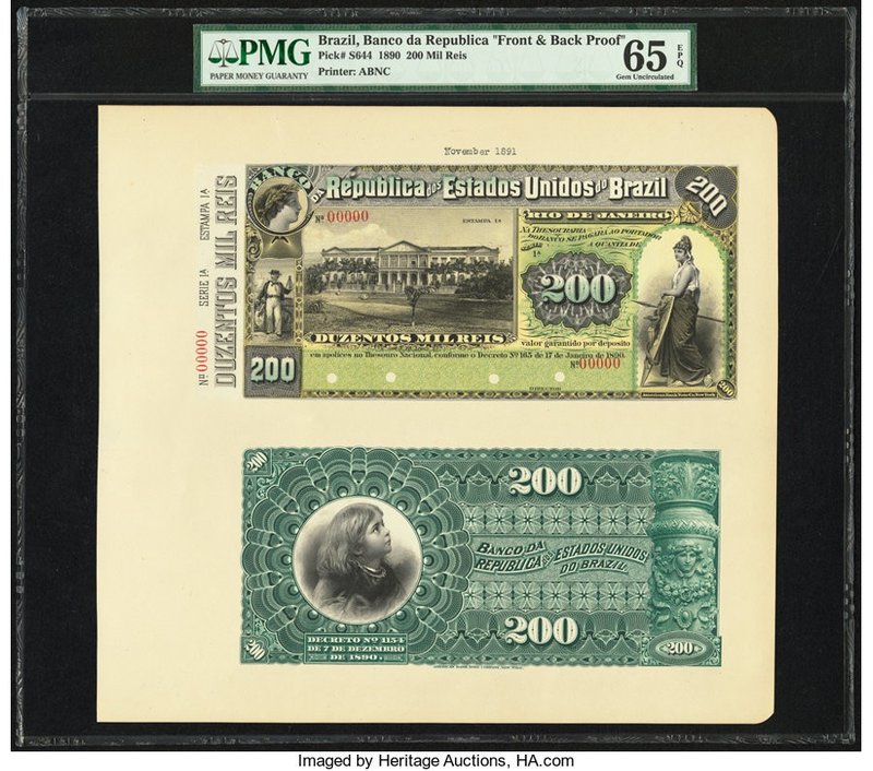Brazil Banco da Republica dos Estados Unidos 200 Mil Reis 1890 Pick S644 Front a...