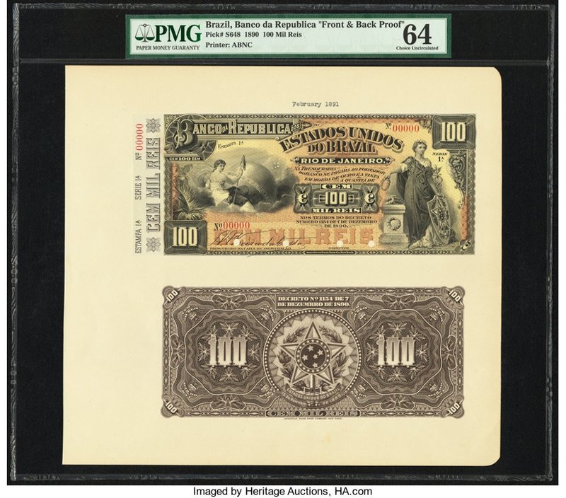 Brazil Banco da Republica dos Estados Unidos 100 Mil Reis 1890 Pick S648 Front a...