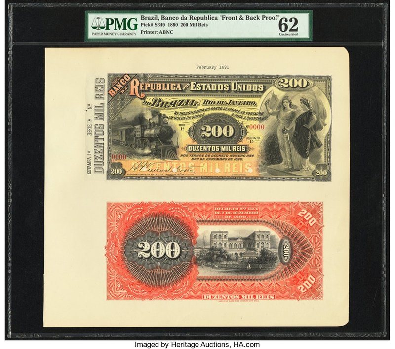 Brazil Banco da Republica dos Estados Unidos 200 Mil Reis 1890 Pick S649 Front a...