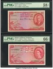 British Caribbean Territories Currency Board 1 Dollar 28.11.1950; 2.1.1963 Pick 1; 7c Two Examples PMG Choice About Unc 58 EPQ; Gem Uncirculated 66 EP...