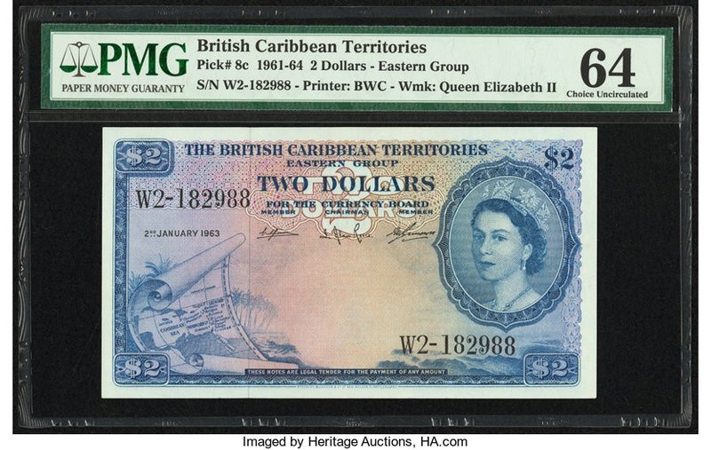 British Caribbean Territories Currency Board 2 Dollars 2.1.1963 Pick 8c PMG Choi...