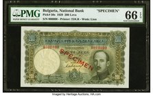 Bulgaria Bulgaria National Bank 200 Leva 1929 Pick 50s Specimen PMG Gem Uncirculated 66 EPQ. At the time of cataloging, there are only four examples o...