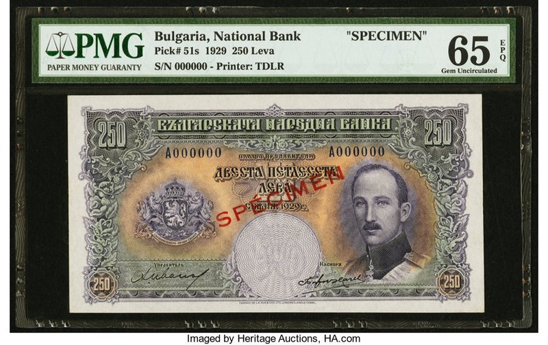 Bulgaria Bulgaria National Bank 250 Leva 1929 Pick 51s Specimen PMG Gem Uncircul...