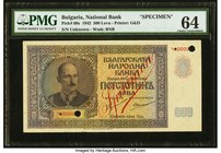 Bulgaria Bulgaria National Bank 500 Leva 1942 Pick 60s Specimen PMG Choice Uncirculated 64. A handsome Specimen, cancelled with four punch holes. This...