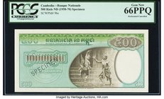 Cambodia Banque Nationale du Cambodge 500 Riels ND (1958-70) Pick 9bs Specimen PCGS Gem New 66PPQ. This seldom seen highest denomination Specimen feat...